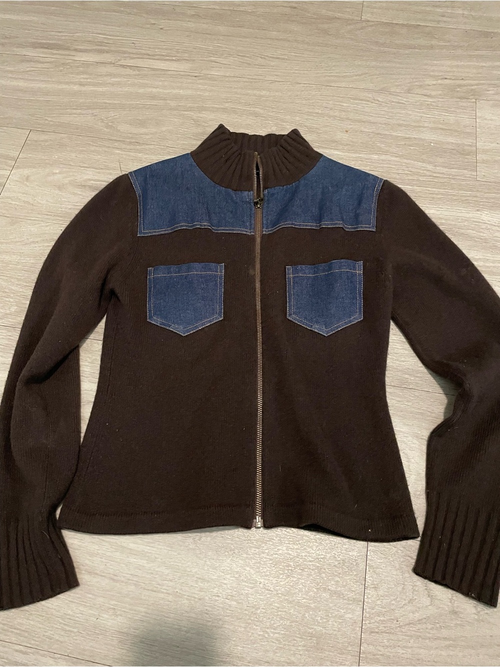 Women’s Brown Zip-Front Jacket with Denim Accents